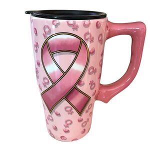 Spoontiques Pink Ribbon Find a Cure Ceramic Coffee Travel Mug with Plastic Lid